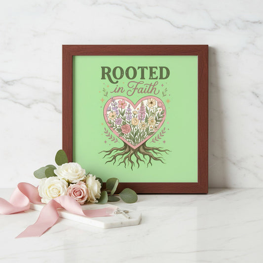 Wooden jewelry box with 'Rooted in Faith' text and floral design on a light green background, placed on a marble surface with flowers.