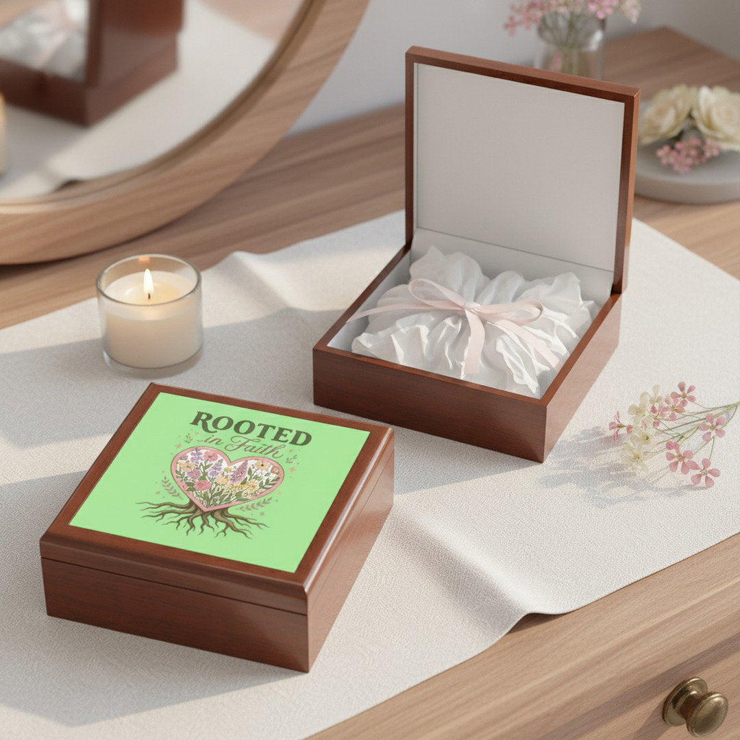 Wooden jewelry box with 'Rooted in Faith' design on a table with a candle.