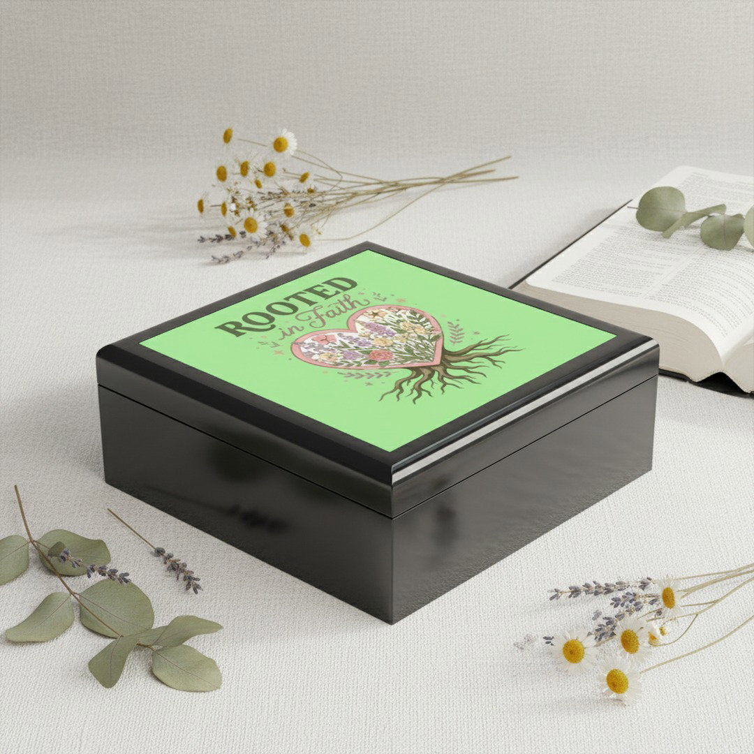 Rooted in Faith jewelry box styled with open Bible, dried roses, daisies and lavender - faith gift for her