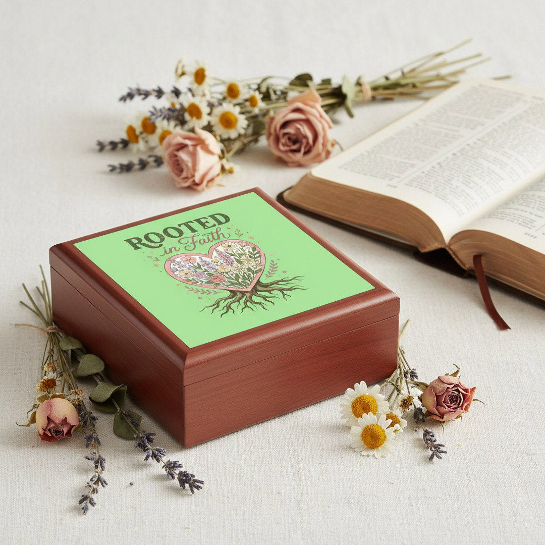 Rooted in Faith jewelry box styled with open Bible, dried roses, daisies and lavender - faith gift for her
