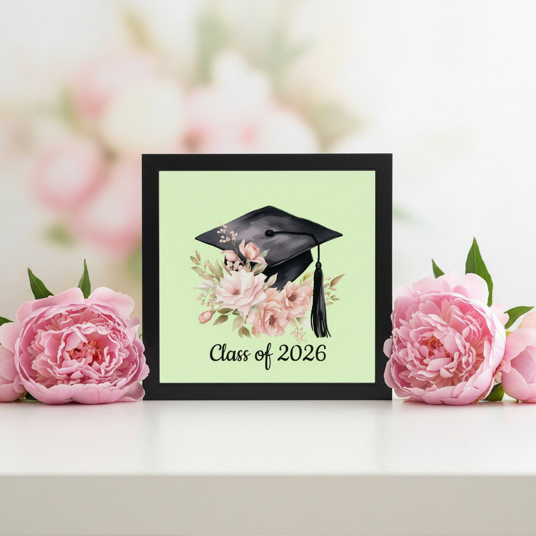 Class of 2026 graduation keepsake box tile displayed upright surrounded by pink peony flowers