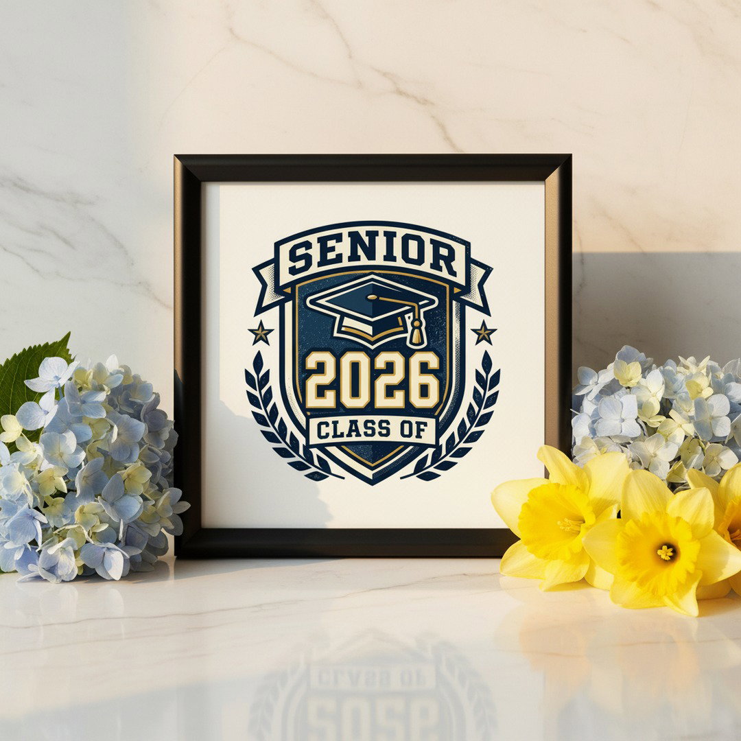 Senior Class of 2026 wooden jewelry box on white marble surface with blue hydrangeas and yellow daffodils - graduation gift