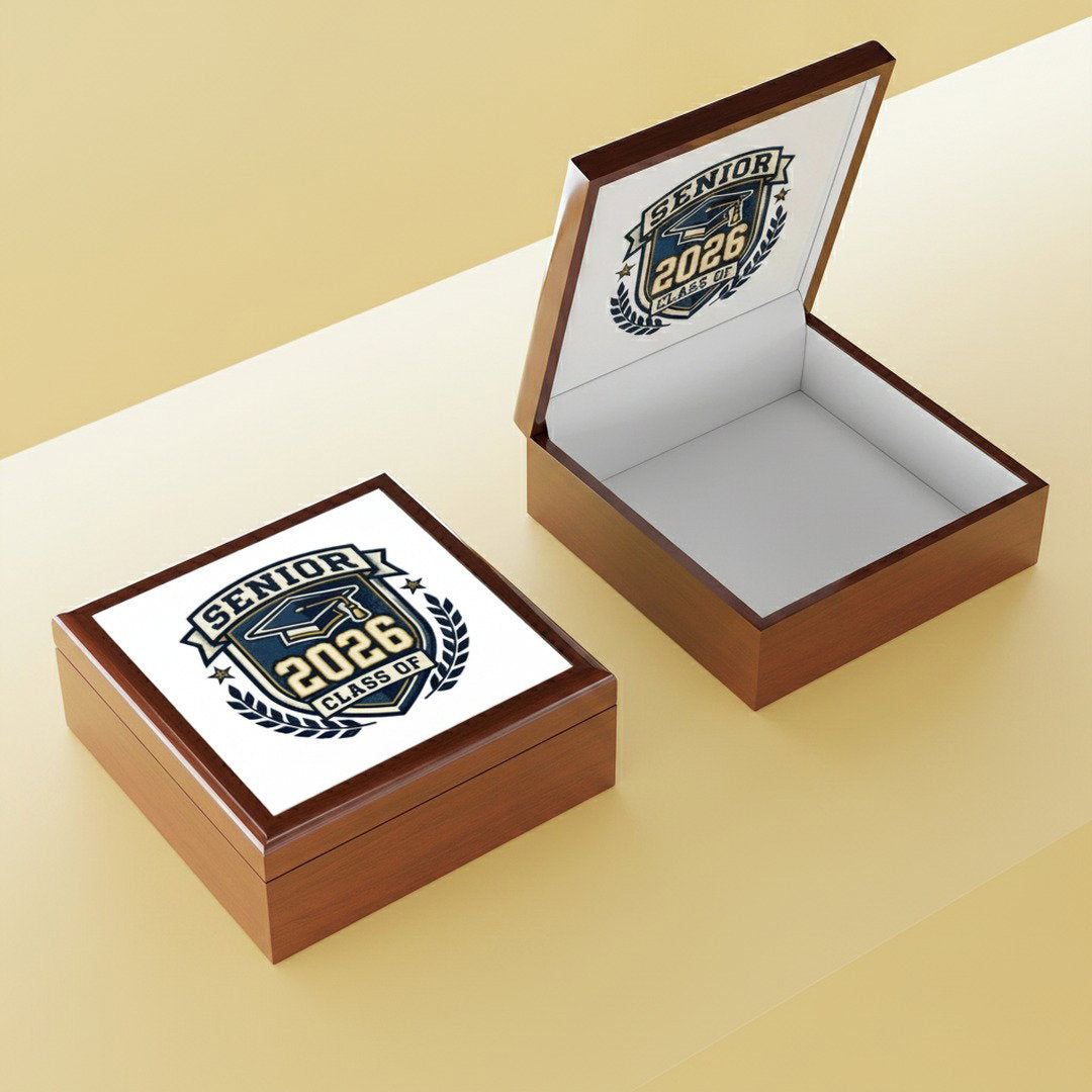 Senior Class of 2026 graduation keepsake jewelry box red mahogany finish - open and closed view showing white felt interior