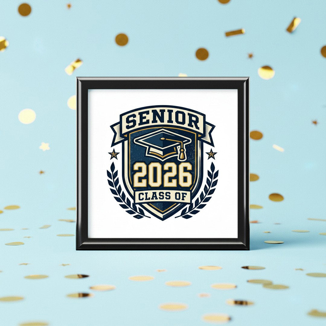 Senior Class of 2026 graduation jewelry box with navy crest design on light blue background with gold confetti