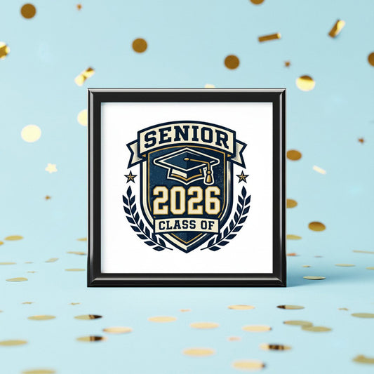 Senior Class of 2026 graduation jewelry box with navy crest design on light blue background with gold confetti