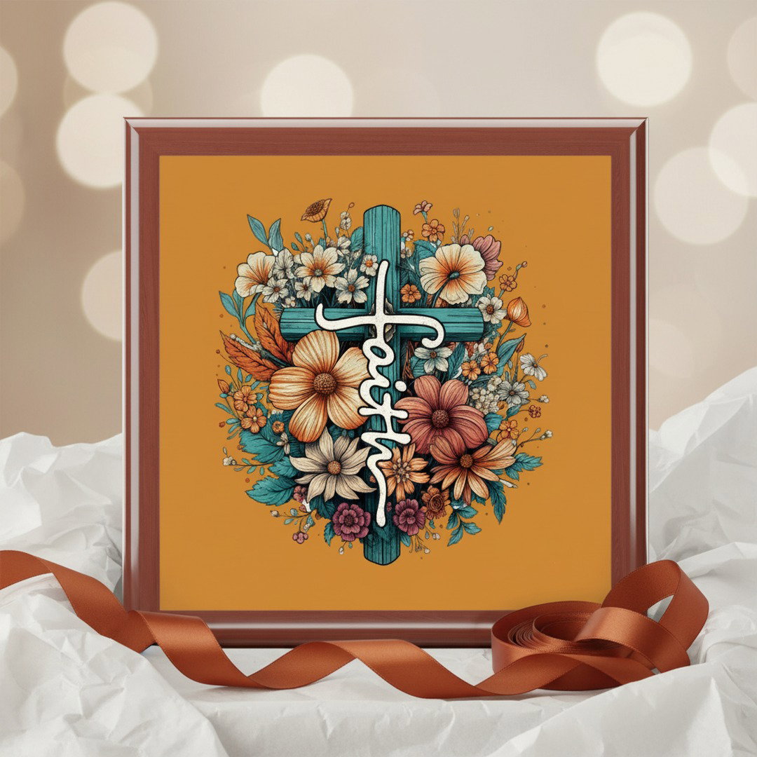 Floral Cross Faith jewelry box in white tissue paper with terracotta ribbon - Christian keepsake gift for her