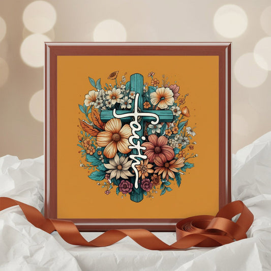 Floral Cross Faith jewelry box in white tissue paper with terracotta ribbon - Christian keepsake gift for her