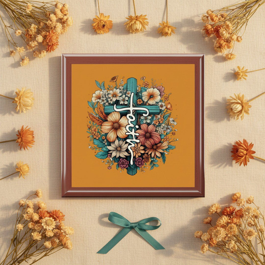 Floral Cross Faith keepsake jewelry box boho flat lay with dried wildflowers and teal ribbon - faith inspired gift