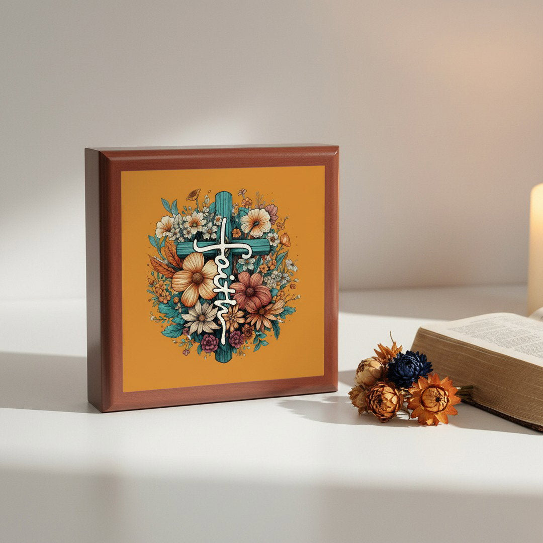 Floral Cross Faith wooden jewelry box beside open Bible and dried flowers - Christian gift for women faith keepsake