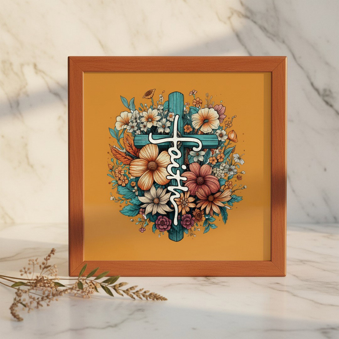 Floral Cross Faith jewelry box red mahogany finish on white marble surface with dried wildflowers - Christian gift for her