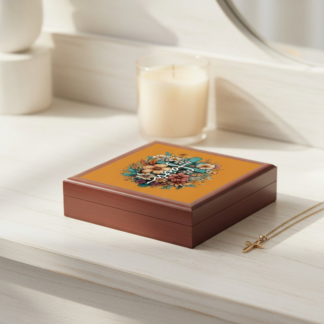 Floral Cross Faith wooden keepsake jewelry box on white vanity with gold cross necklace and candle - faith gift for women