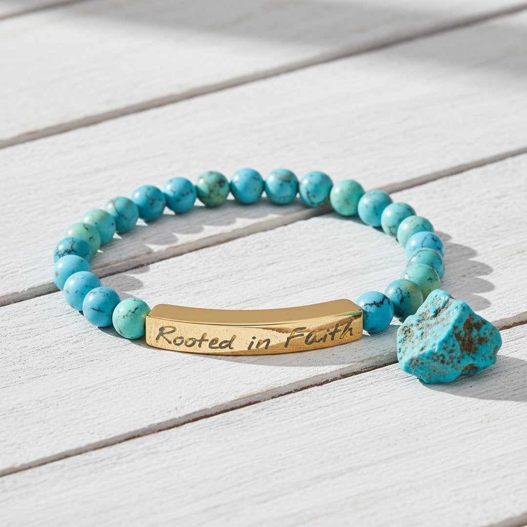 Rooted in Faith engraved natural stone stretch bracelet with vibrant blue turquoise beads featuring natural dark matrix veining and an 18K gold bar, flat lay on a sun-bleached white wood surface with a raw turquoise crystal beside it, bright coastal natural light, premium editorial jewelry photography