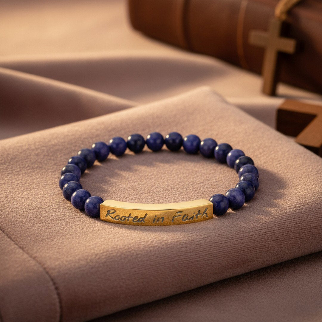 Rooted in Faith engraved natural stone stretch bracelet with deep navy blue sodalite beads and an 18K gold bar, resting on a tan linen Bible with a small wooden cross in the background, warm golden light, faith-inspired editorial jewelry photography


