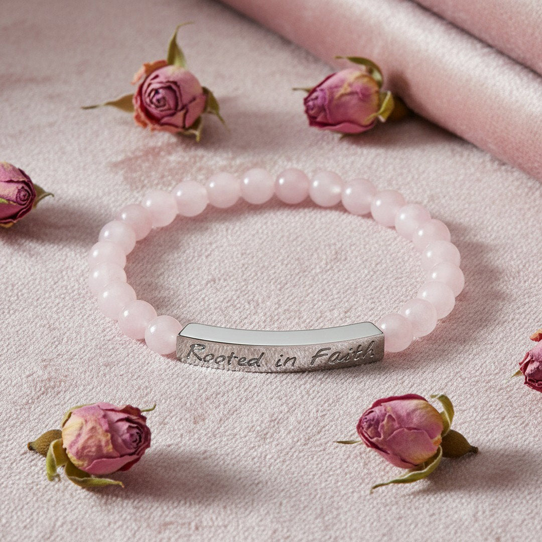 Rooted in Faith engraved natural stone stretch bracelet with soft blush pink rose quartz beads and a polished silver stainless steel bar, flat lay on a blush pink velvet surface surrounded by scattered dried pink rosebuds, soft cool natural light, romantic editorial jewelry photography