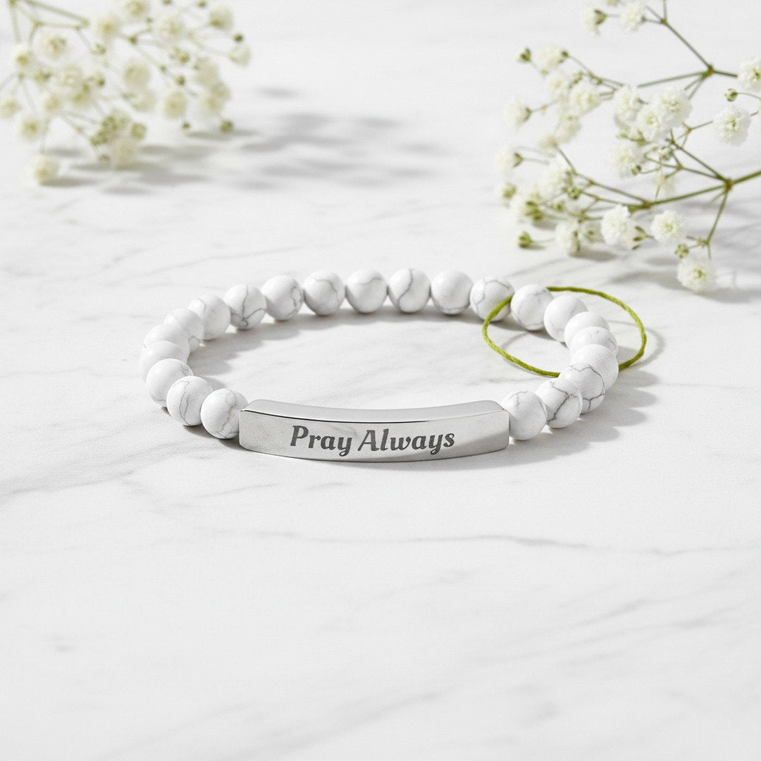 Pray Always Natural Stone Stretch Bracelet — Engraved Faith Bracelet