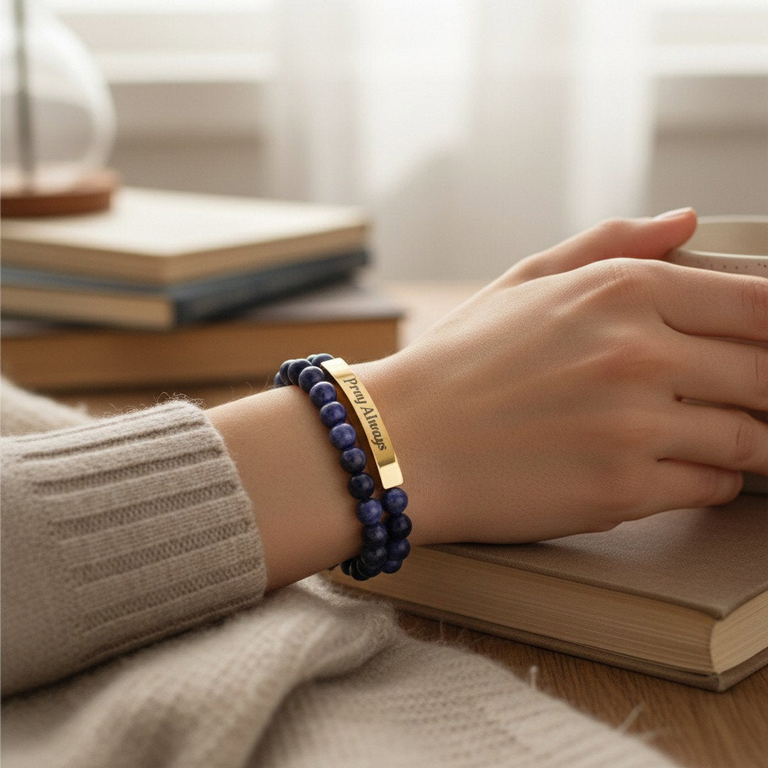Pray Always Natural Stone Stretch Bracelet — Engraved Faith Bracelet
