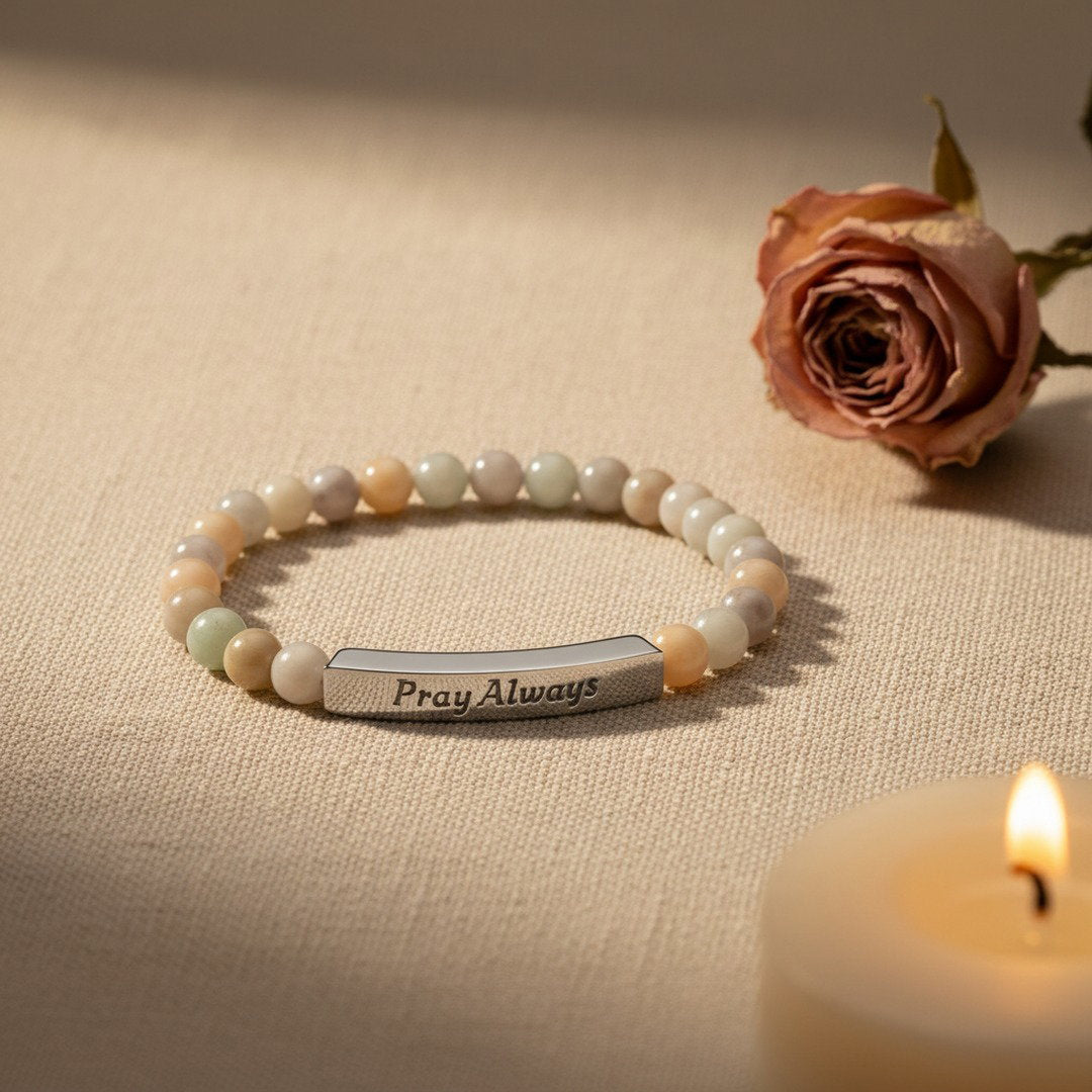 Pray Always Natural Stone Stretch Bracelet — Engraved Faith Bracelet