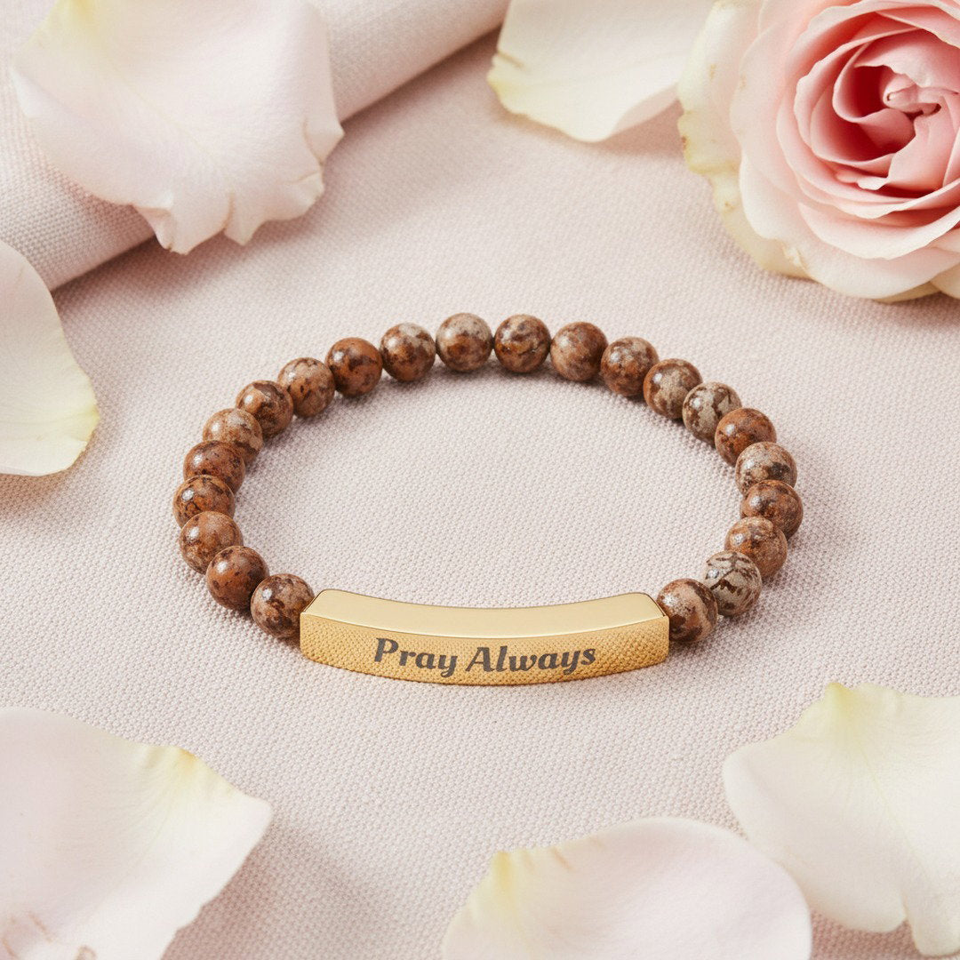 Pray Always Natural Stone Stretch Bracelet — Engraved Faith Bracelet