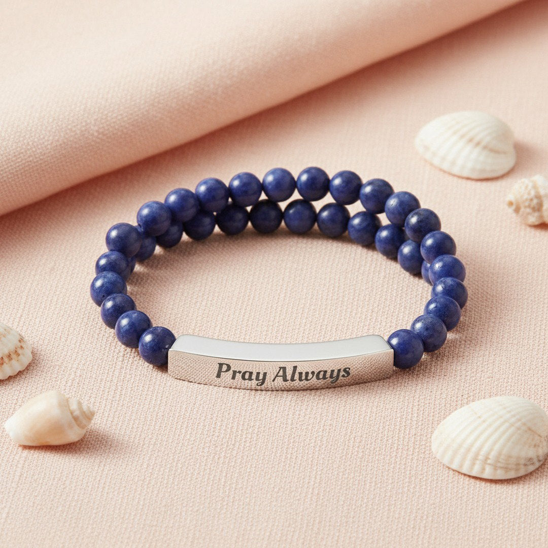 Pray Always Natural Stone Stretch Bracelet — Engraved Faith Bracelet