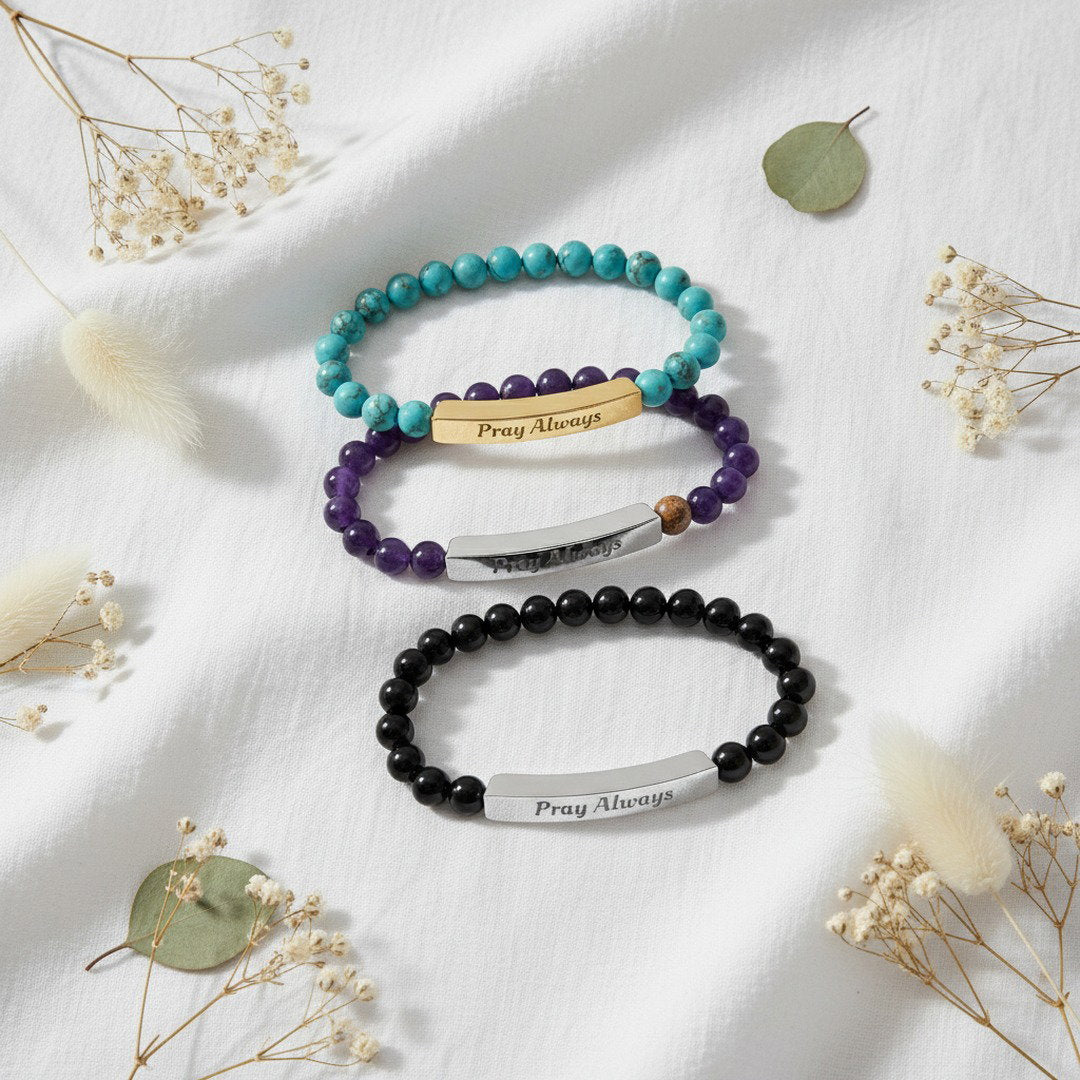 Pray Always Natural Stone Stretch Bracelet — Engraved Faith Bracelet