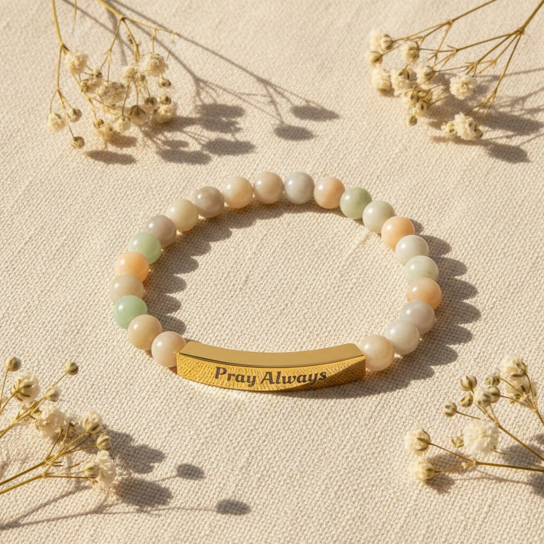 Pray Always Natural Stone Stretch Bracelet — Engraved Faith Bracelet