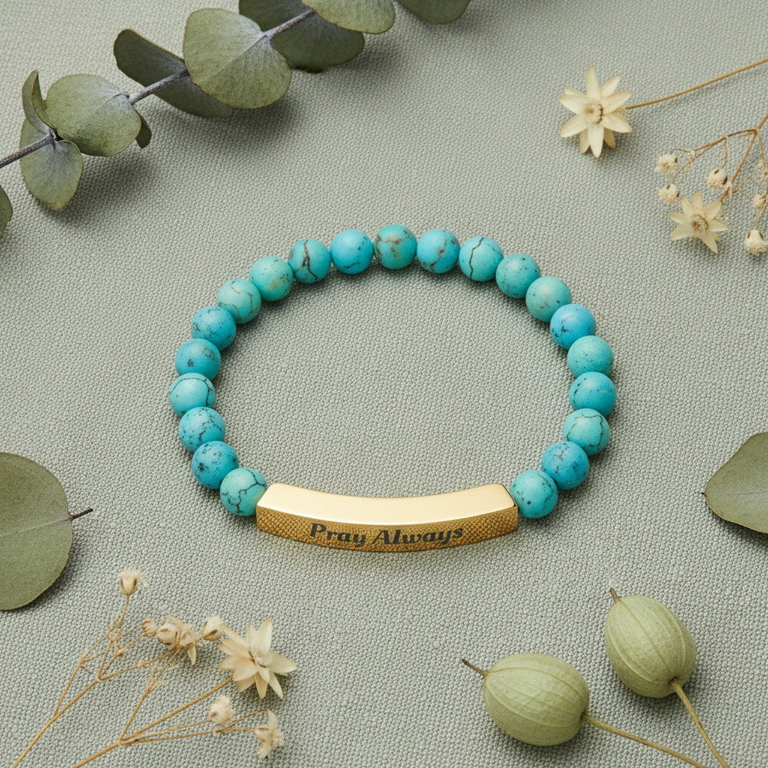 Pray Always Natural Stone Stretch Bracelet — Engraved Faith Bracelet