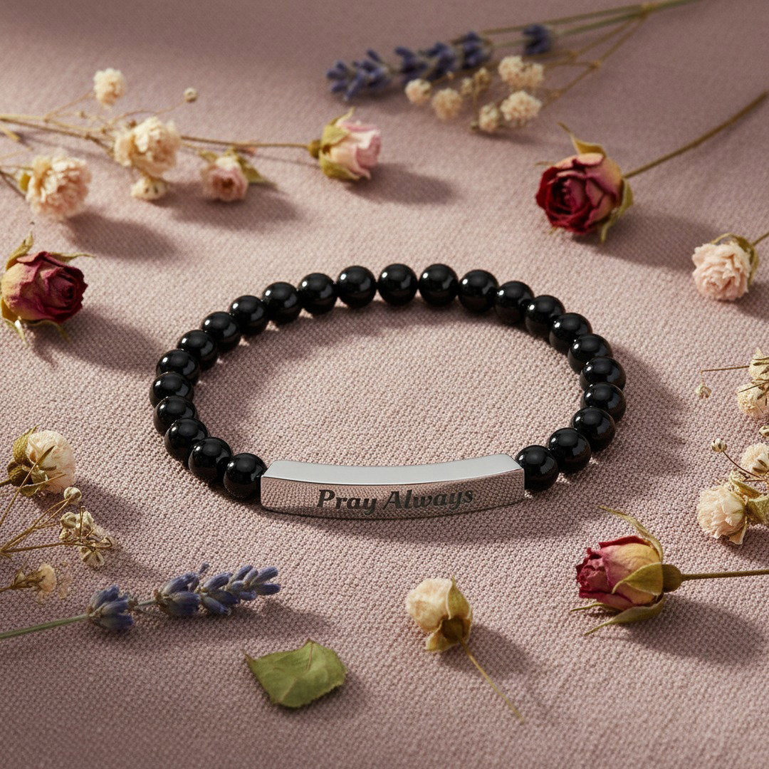 Pray Always Natural Stone Stretch Bracelet — Engraved Faith Bracelet