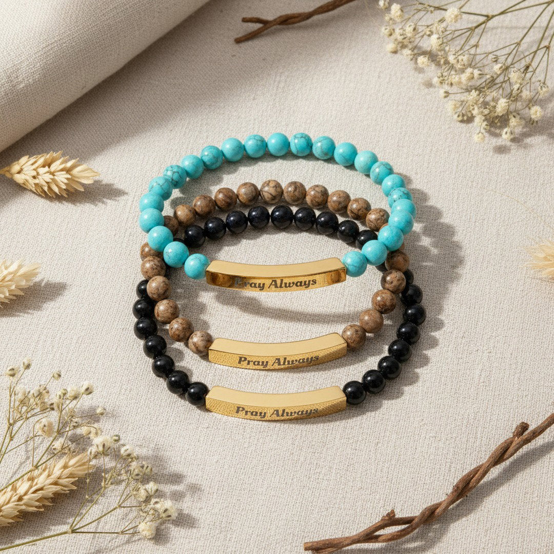 Pray Always Natural Stone Stretch Bracelet — Engraved Faith Bracelet