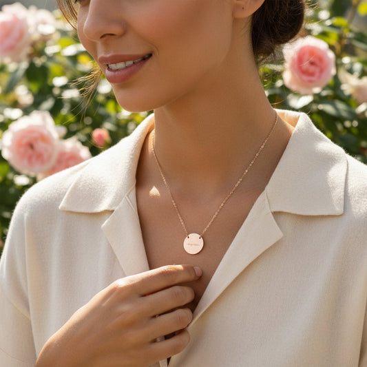 Woman wearing rose gold engraved "Boy Mom" disc necklace outdoors in rose garden, lifestyle jewelry photo, Mother's Day gift