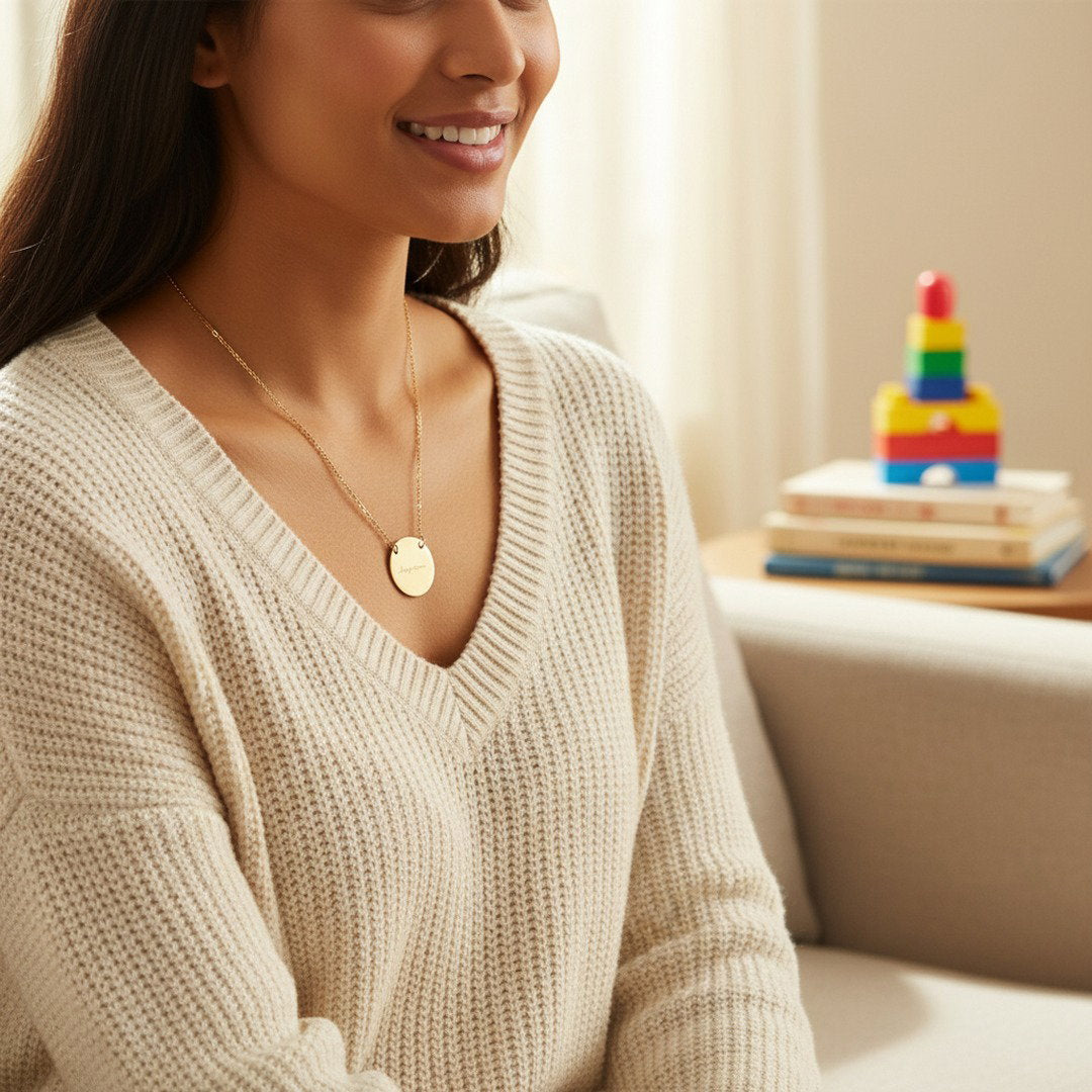 Close-up of rose gold engraved "Boy Mom" disc necklace with pearl accent, flat lay on blush linen with pink rose petals, elegant Mother's Day gift