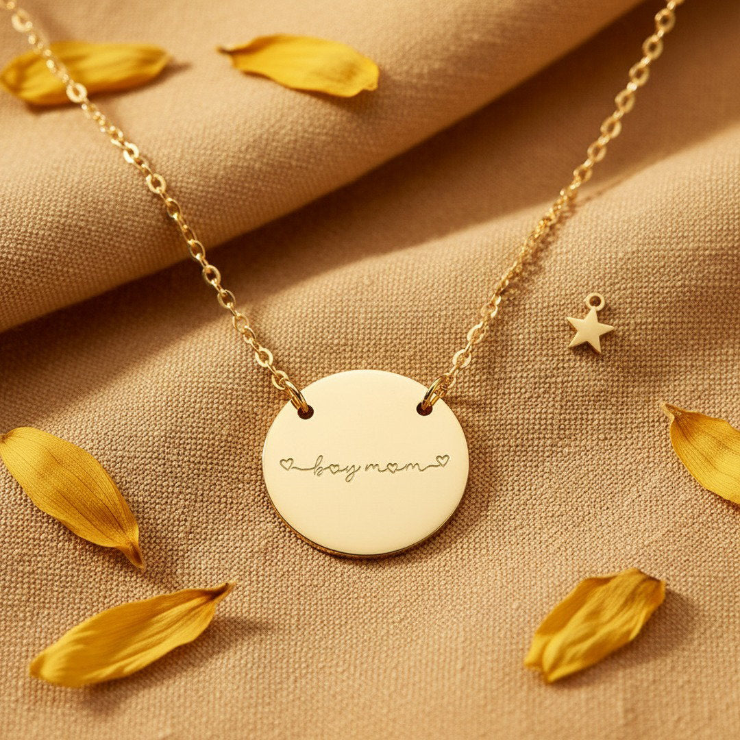 Engraved "Boy Mom" disc necklace in gold with heart accents, flat lay on blush linen with dried florals and eucalyptus, Mother's Day gift