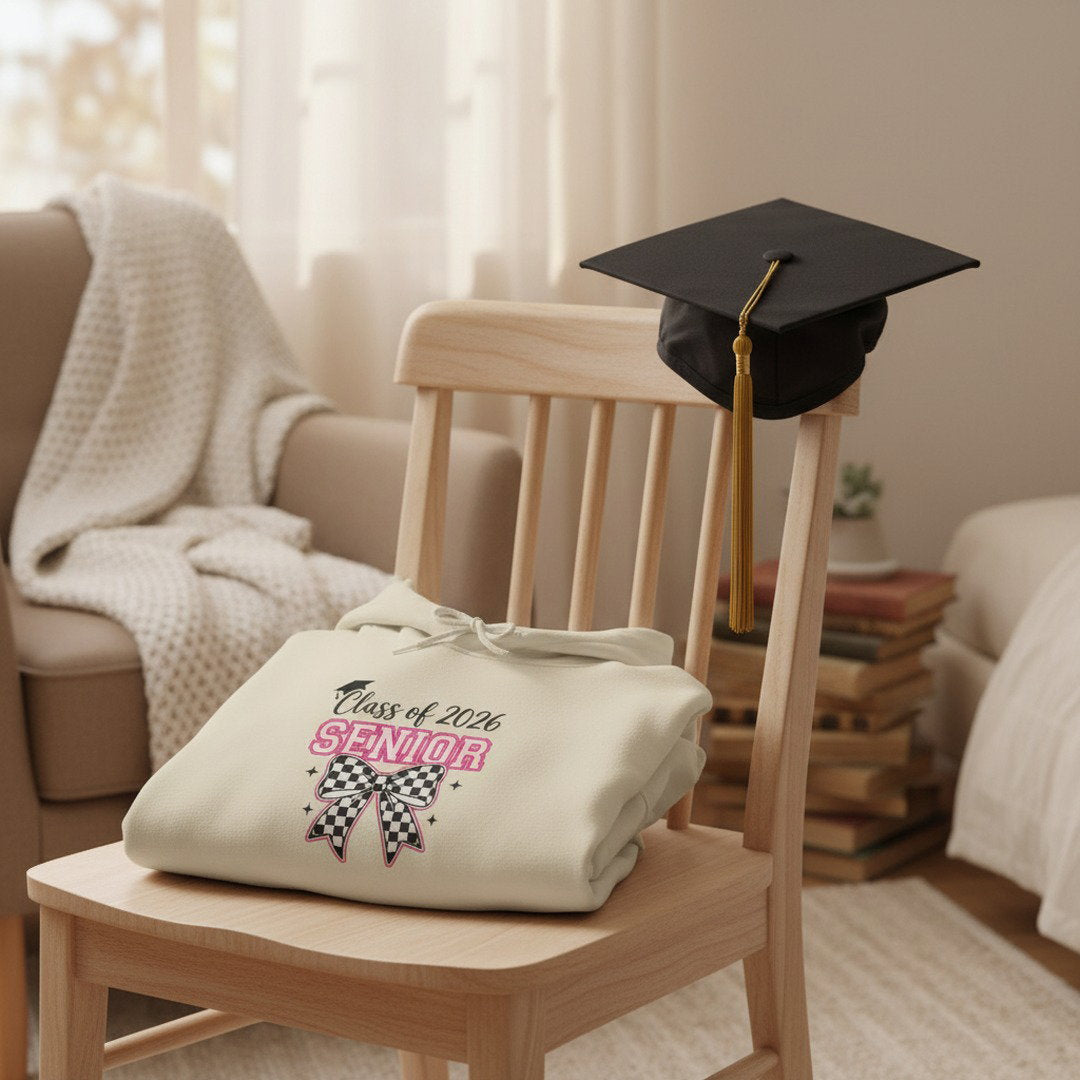 Sand Senior Bow Hoodie folded on a wooden chair with graduation cap, Class of 2026 checkered bow design