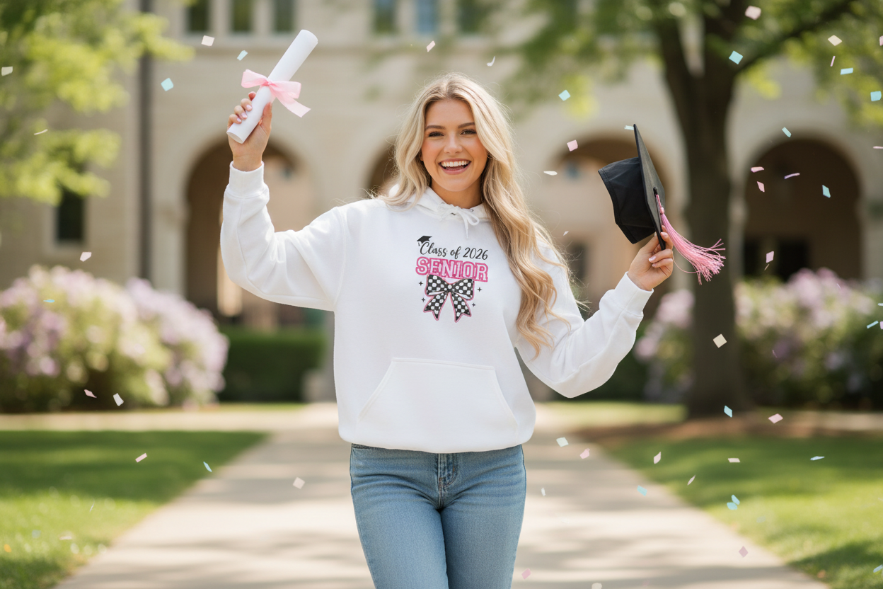 Young woman wearing a white Class of 2026 Senior Bow Hoodie holding a diploma and graduation cap with confetti falling on a college campus