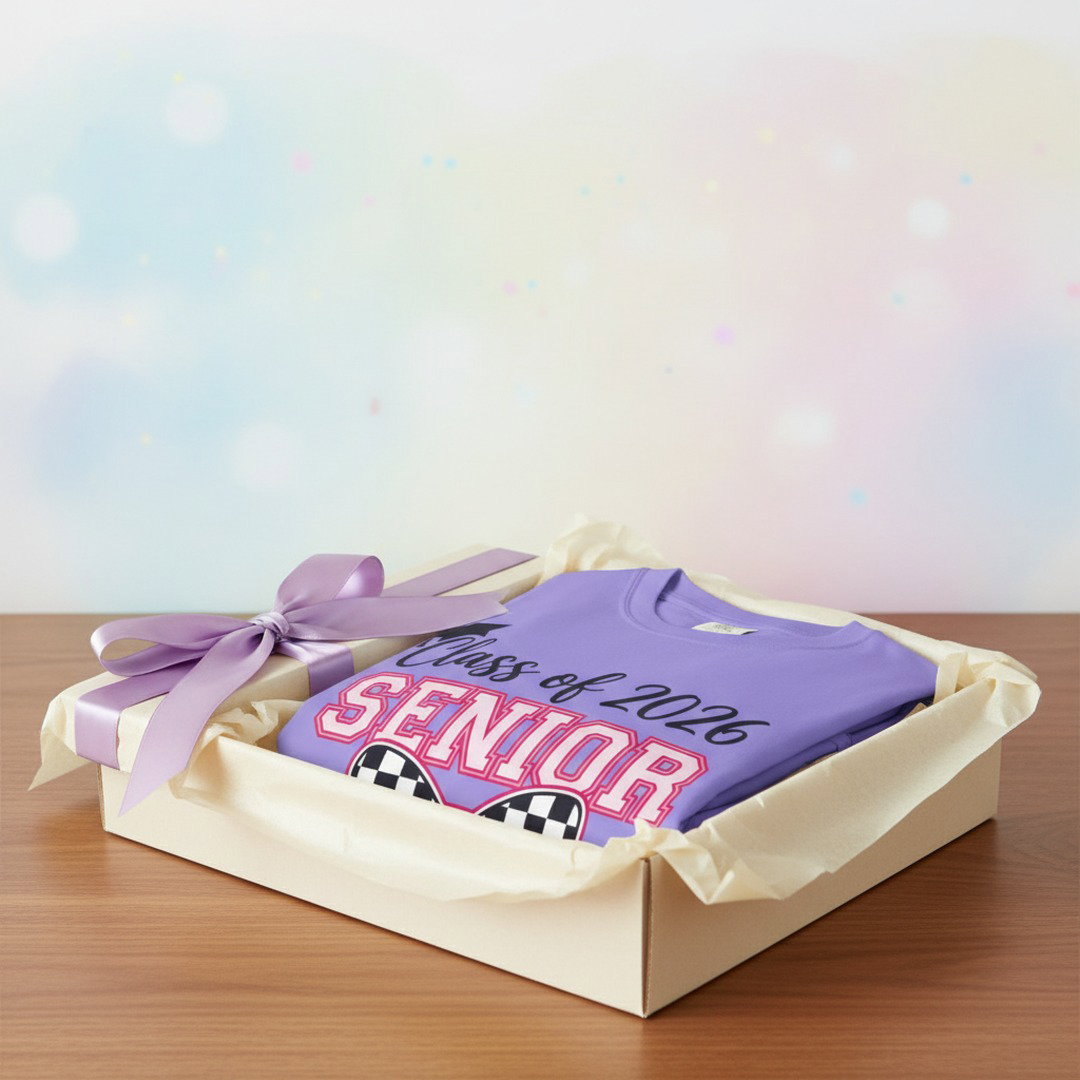 Purple Class of 2026 Senior Bow t-shirt folded in a cream gift box with lavender ribbon, pastel bokeh background