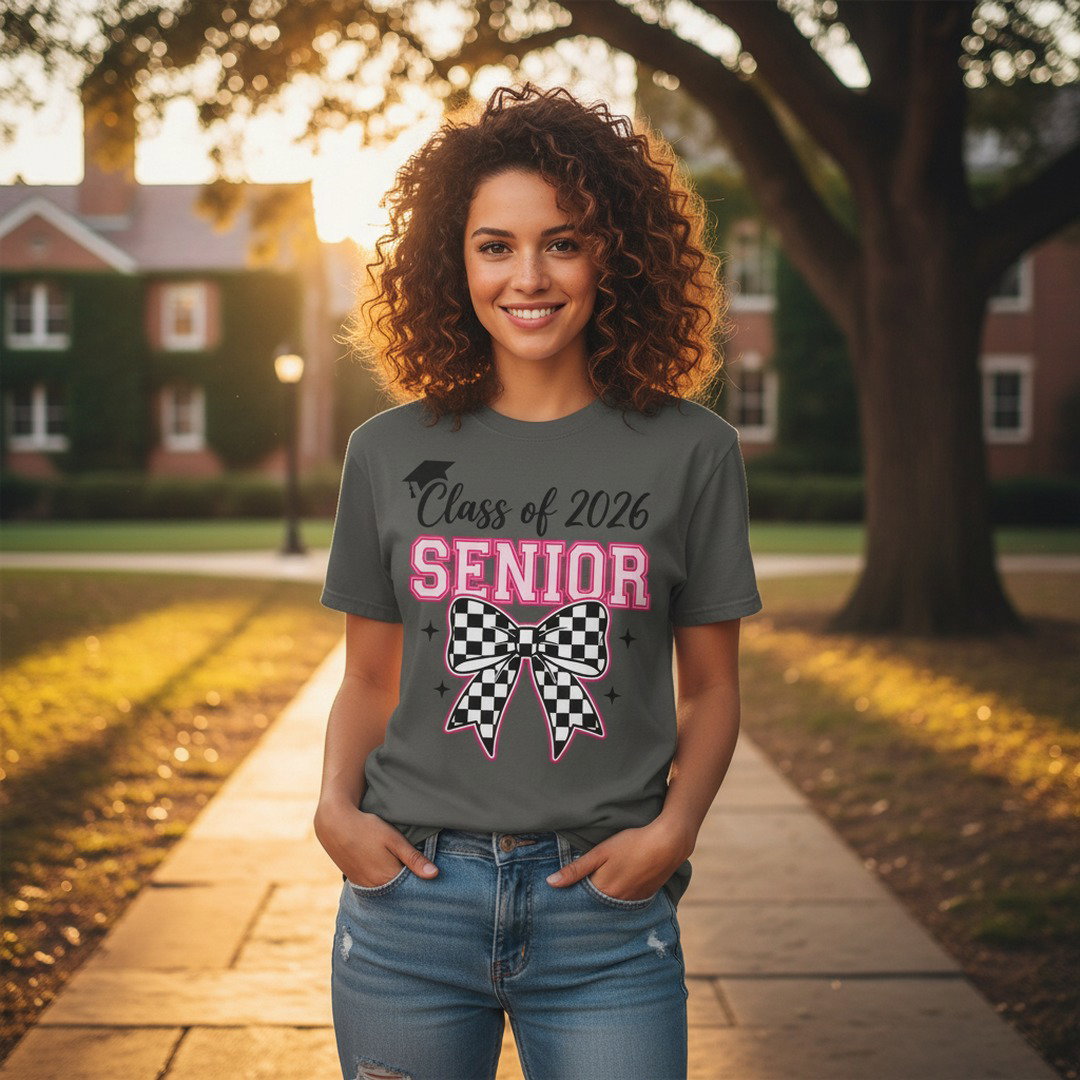 Smiling young woman wearing a charcoal Class of 2026 Senior Bow graphic t-shirt outdoors on a campus walkway at golden hour