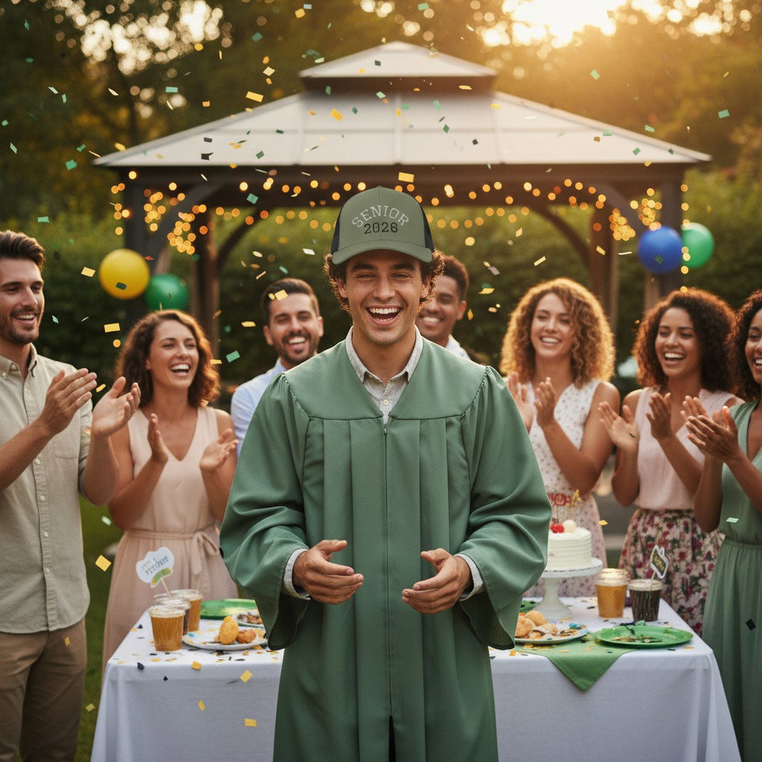 Smiling graduate in sage green gown wearing Senior 2026 trucker cap at outdoor graduation celebration with confetti, balloons, and cheering family and friends at golden hour