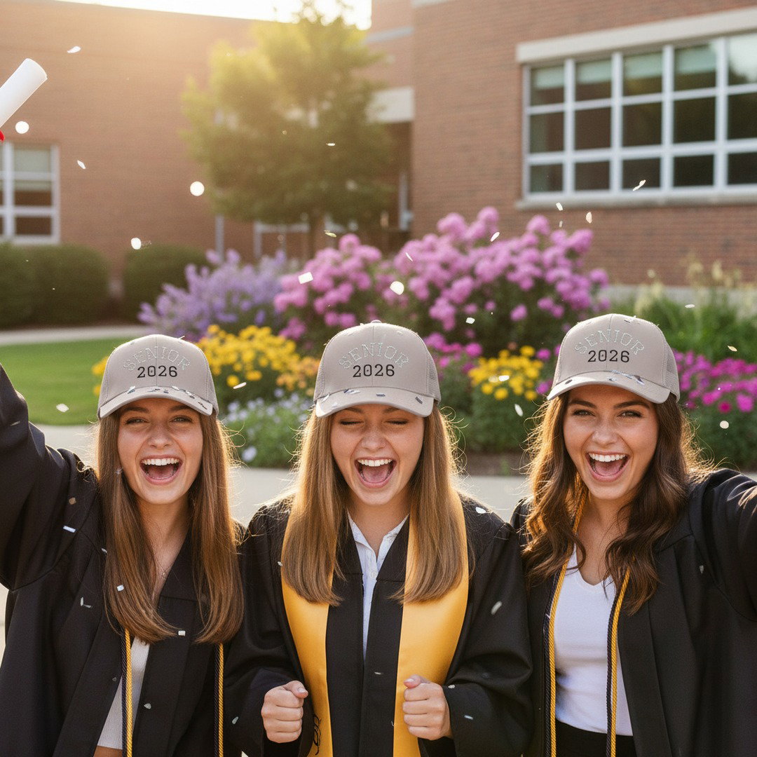 Smiling graduate in s grey wearing Senior 2026 trucker cap at outdoor graduation celebration with confetti, balloons, and cheering family and friends at golden hour