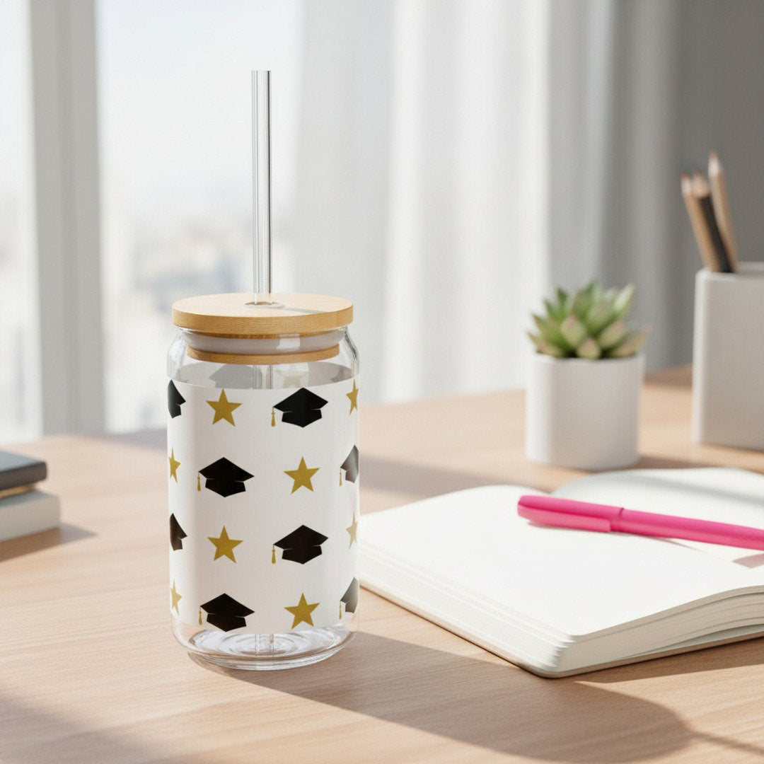 Graduation sipper glass with black grad caps and gold stars pattern on light wood desk beside open notebook, pink pen, and small succulent, bright college student lifestyle photo