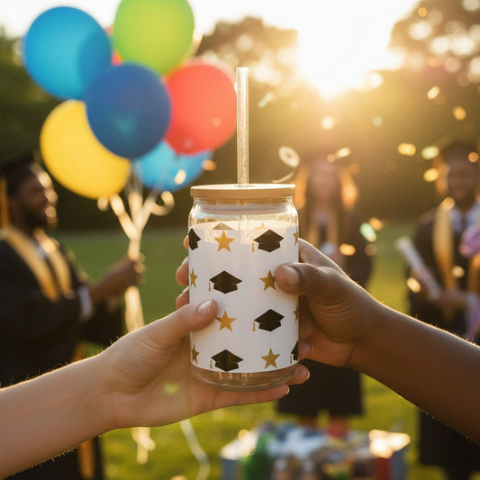 Two hands passing a graduation sipper glass with black grad caps and gold stars pattern at outdoor graduation celebration with colorful balloons and graduates in caps and gowns at golden hour