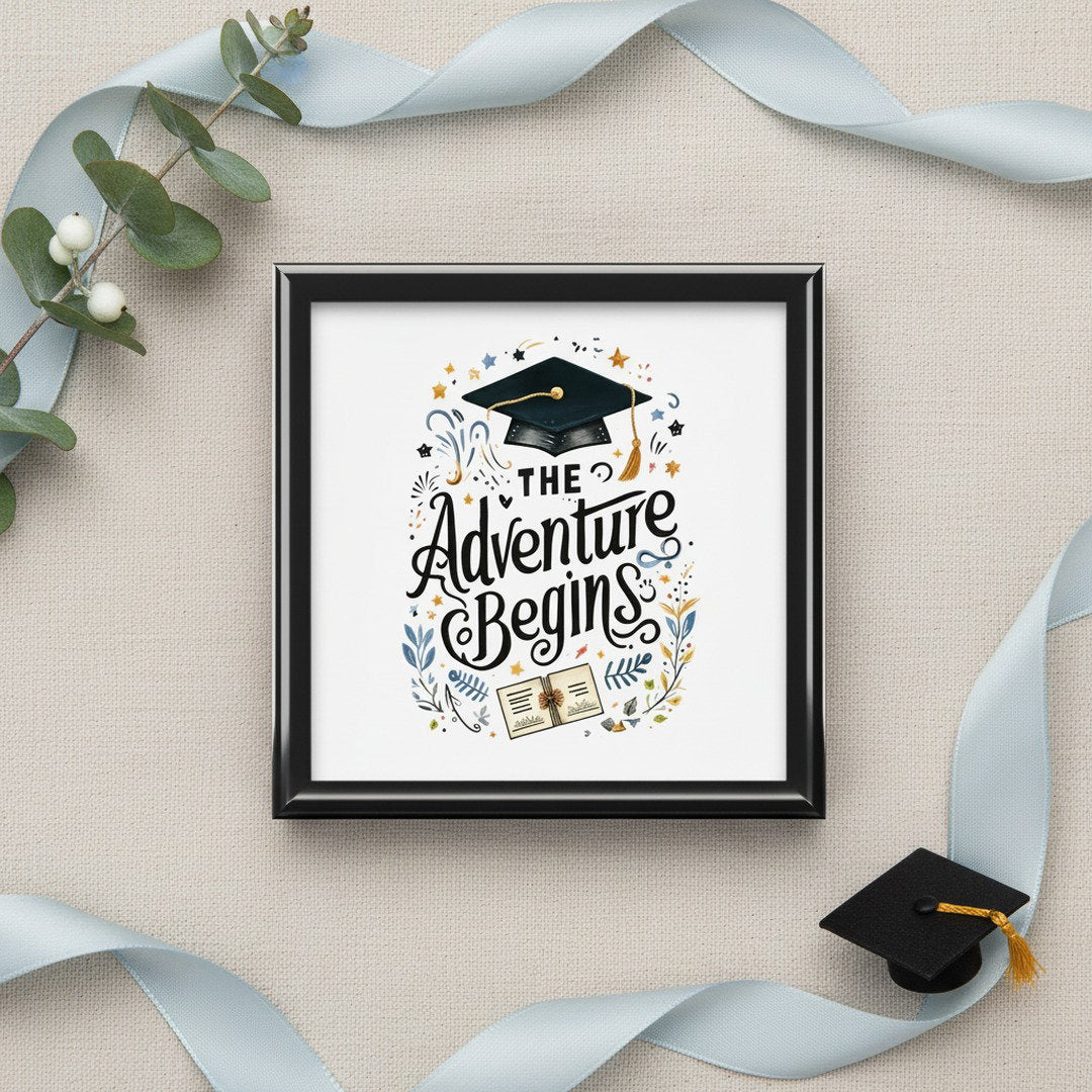 The Adventure Begins graduation jewelry box top-down view on linen with a light blue satin ribbon and mini graduation cap accent