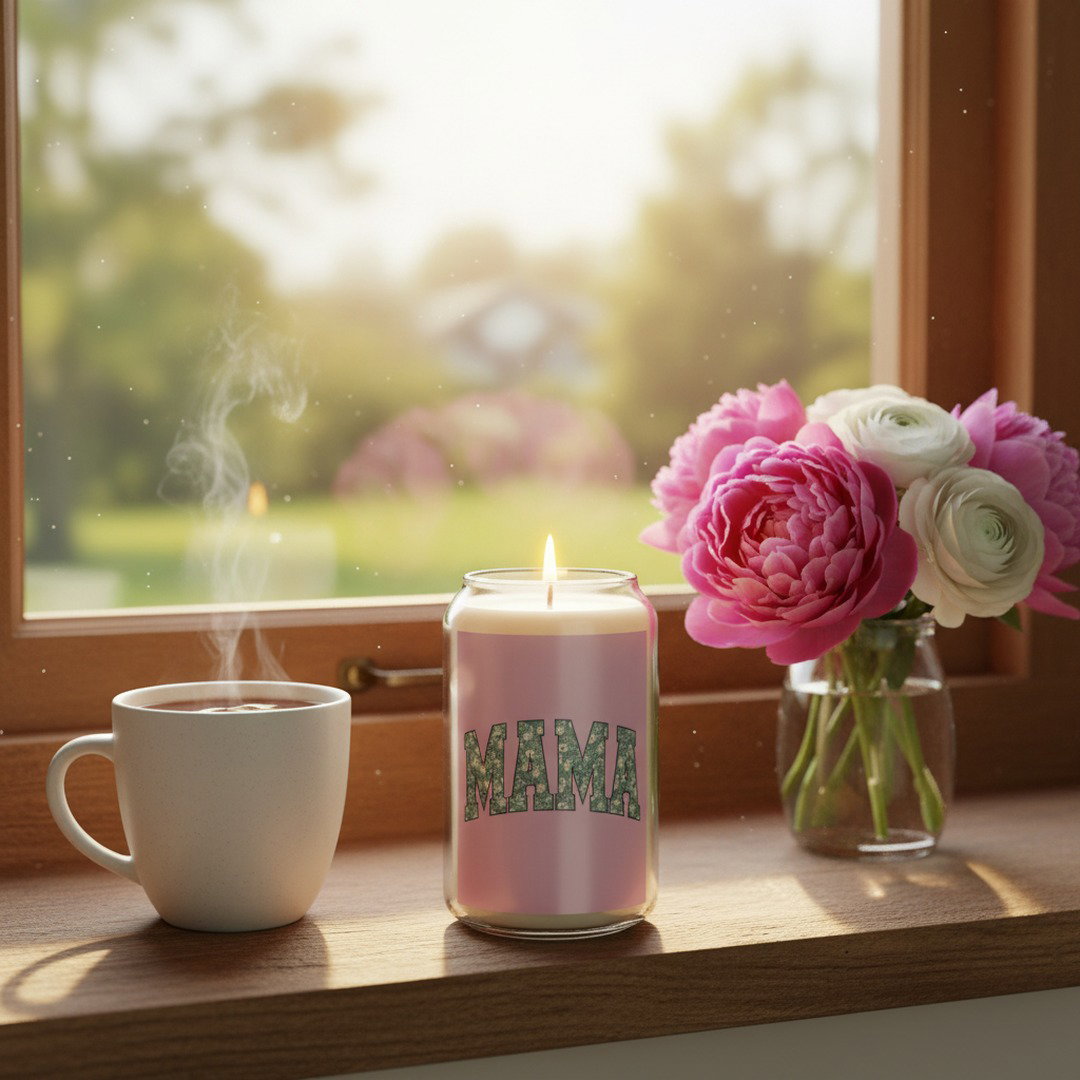 MAMA floral candle in glass jar glowing on wooden windowsill beside steaming coffee mug and pink peony bouquet in vase, warm morning light