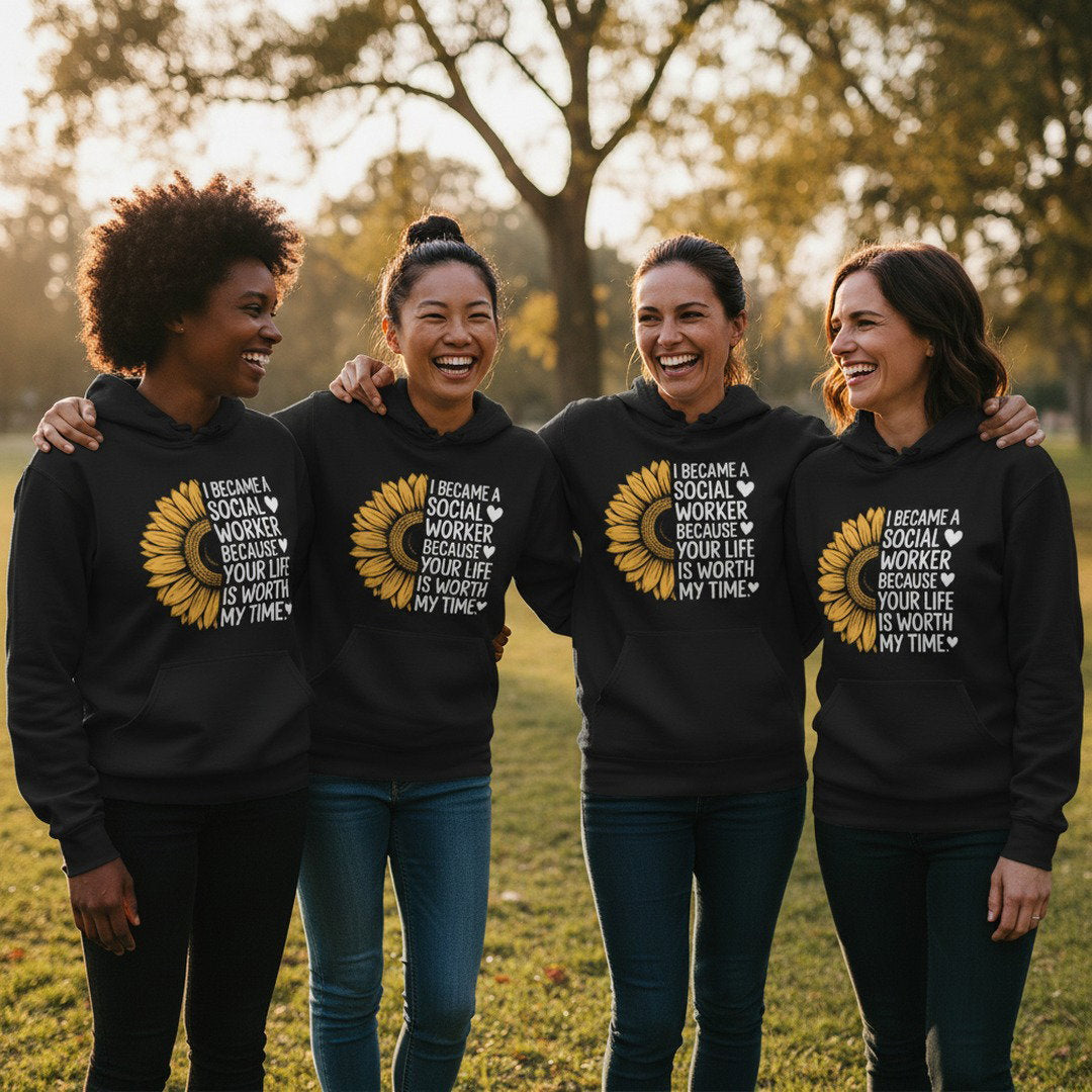 Social Worker Half Sunflower Hoodie — Minimal Yellow Floral Back Print