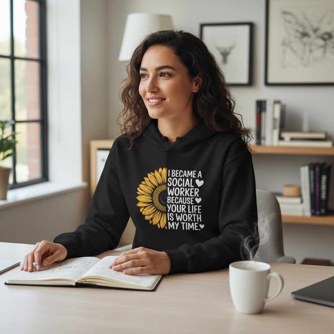 Social Worker Half Sunflower Hoodie — Minimal Yellow Floral Back Print