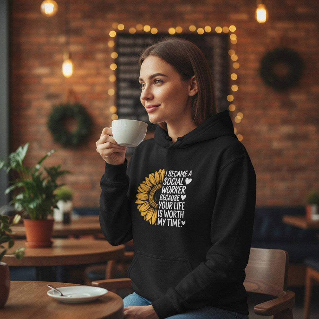 Social Worker Half Sunflower Hoodie — Minimal Yellow Floral Back Print