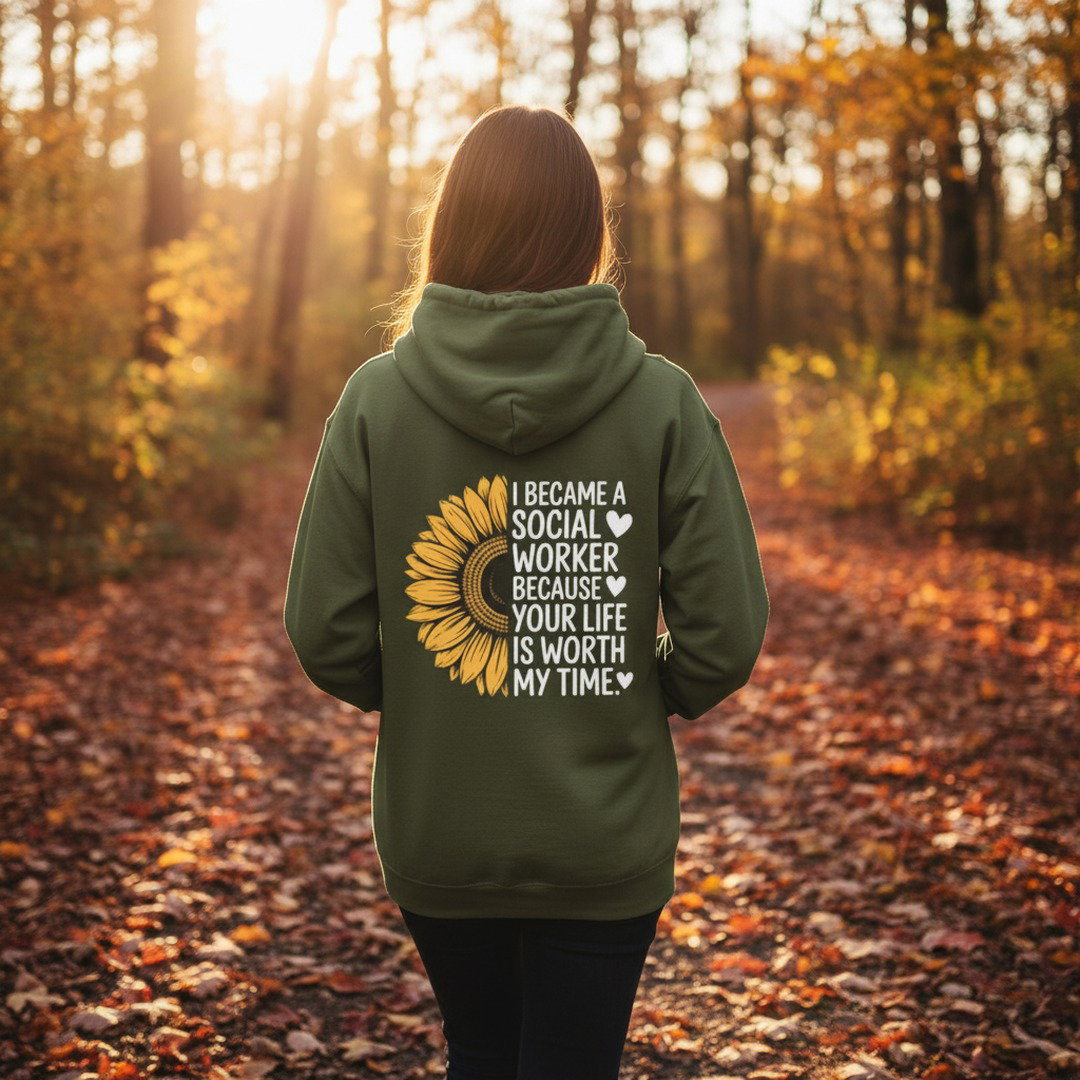 Social Worker Half Sunflower Hoodie — Minimal Yellow Floral Back Print