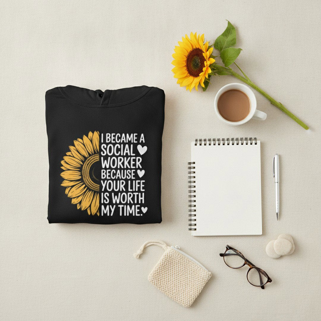 Social Worker Half Sunflower Hoodie — Minimal Yellow Floral Back Print