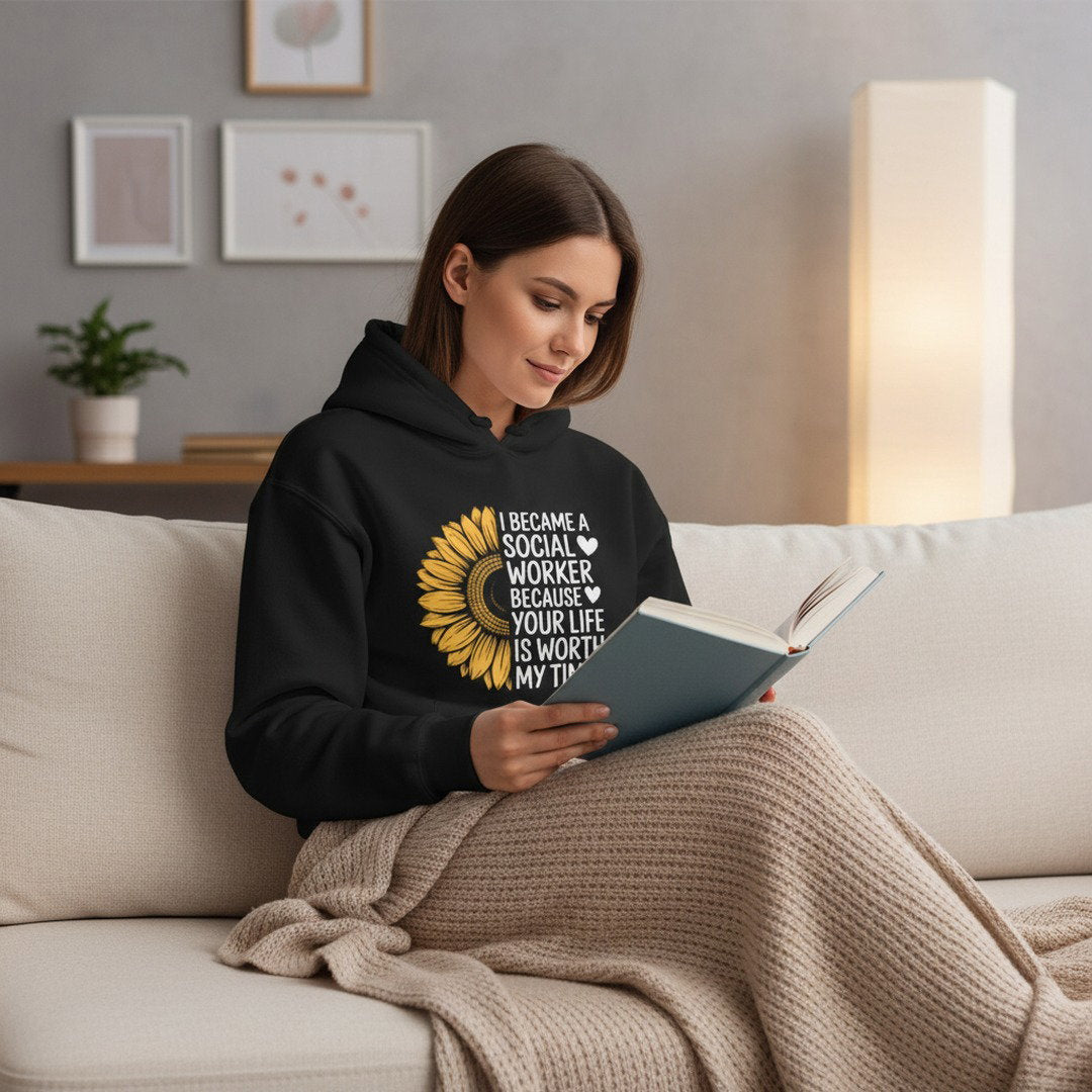 Social Worker Half Sunflower Hoodie — Minimal Yellow Floral Back Print