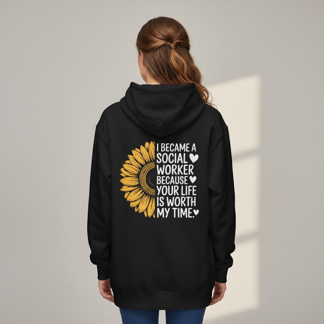 Social Worker Half Sunflower Hoodie — Minimal Yellow Floral Back Print