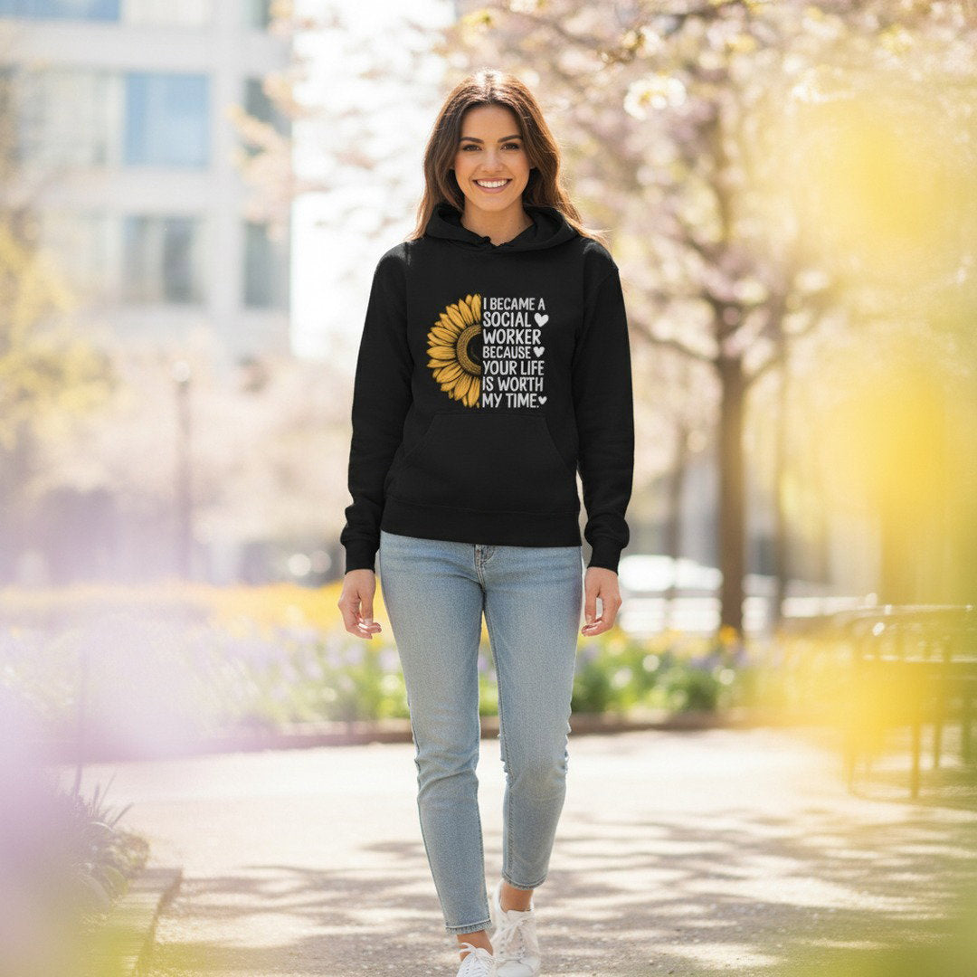 Social Worker Half Sunflower Hoodie — Minimal Yellow Floral Back Print