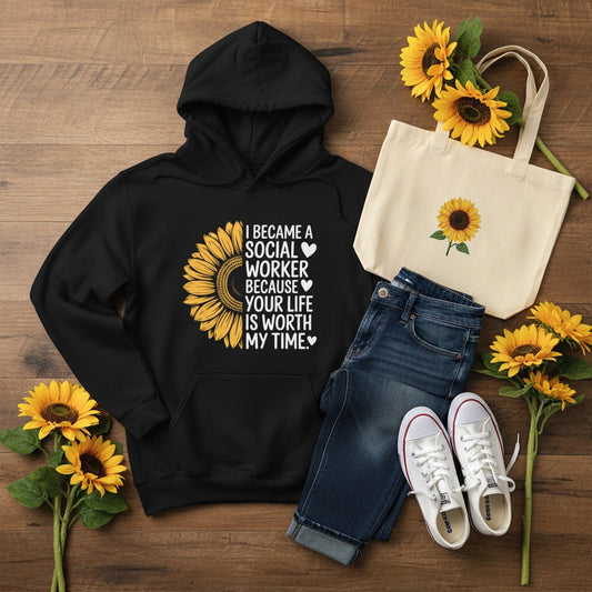 Social Worker Half Sunflower Hoodie — Minimal Yellow Floral Back Print